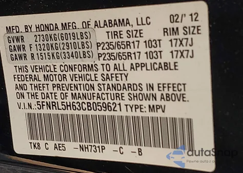 2012 Honda Odyssey Ex-L z USA, uszkodzony, nr VIN 5FNRL5H63CB059621